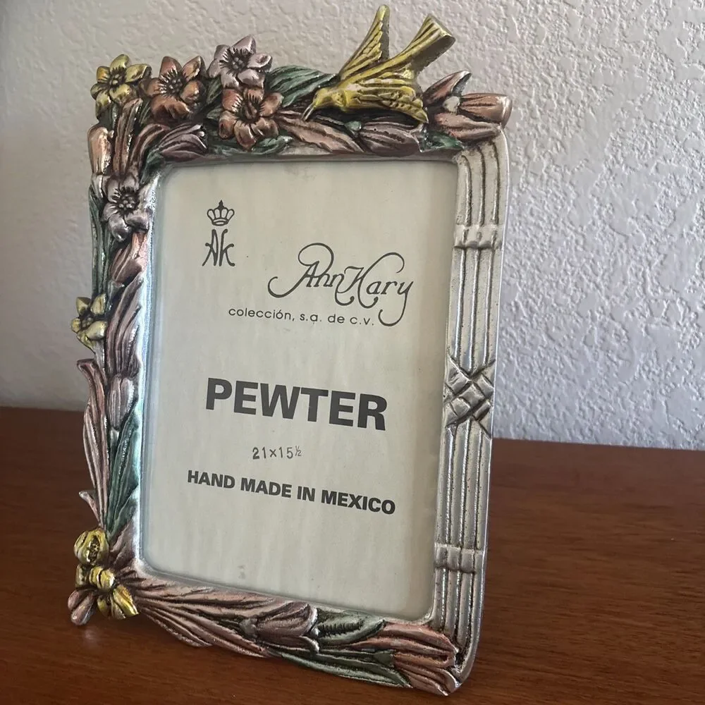 Ann Kary Mexico Pewter Picture Frame Art Nouveau Bird, Foliage, Colorful! 12.5